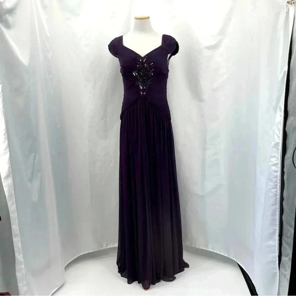 Adrianna Papell Women's Purple Gown 12 Sequin Ruched Party Formal Evening Prom